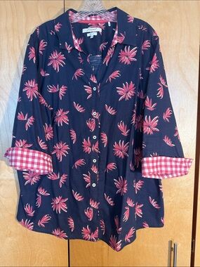 Foxcroft Navy Blouse with Pink Floral Print